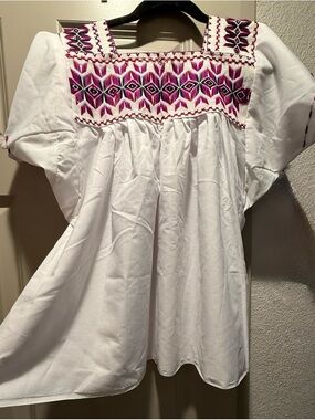 Embroidered White Peasant Blouse with Pink Geometric Yoke
